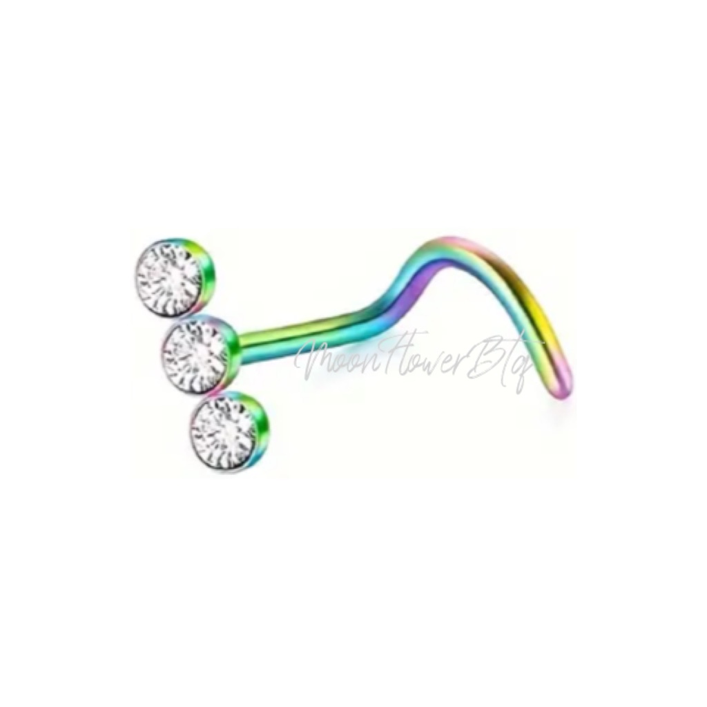 Rainbow Triple Cz Screw Nose Ring 18$